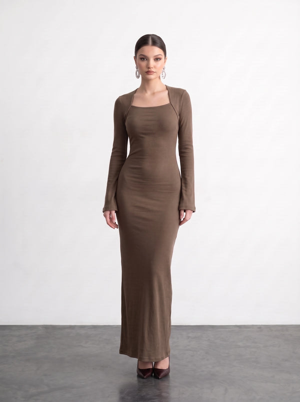 Coffee Swan Neck Ribbed Dress