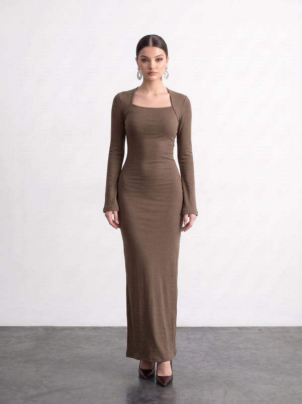 Coffee Swan Neck Ribbed Dress