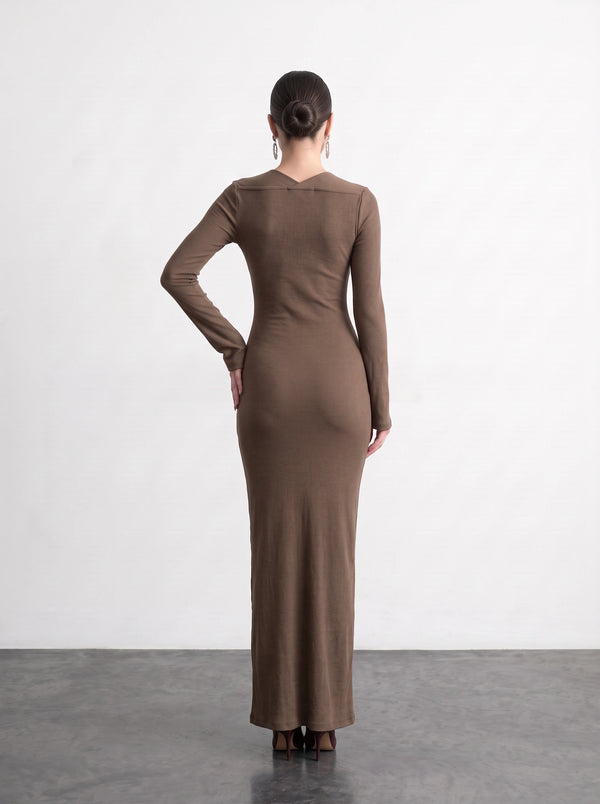 Coffee Swan Neck Ribbed Dress