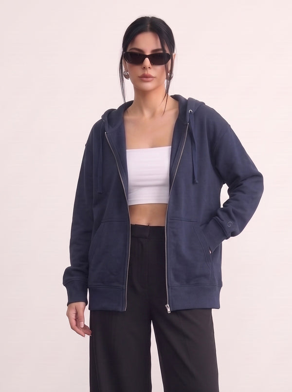 Navy Blue Zipper Oversized Hoodie | Montivo Pakistan
