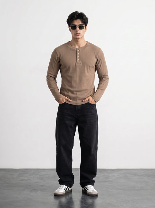 Brown Ribbed Henley Top