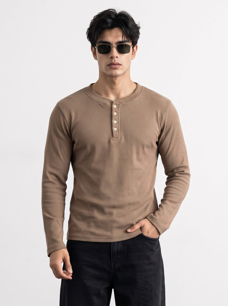 Brown Ribbed Henley Top