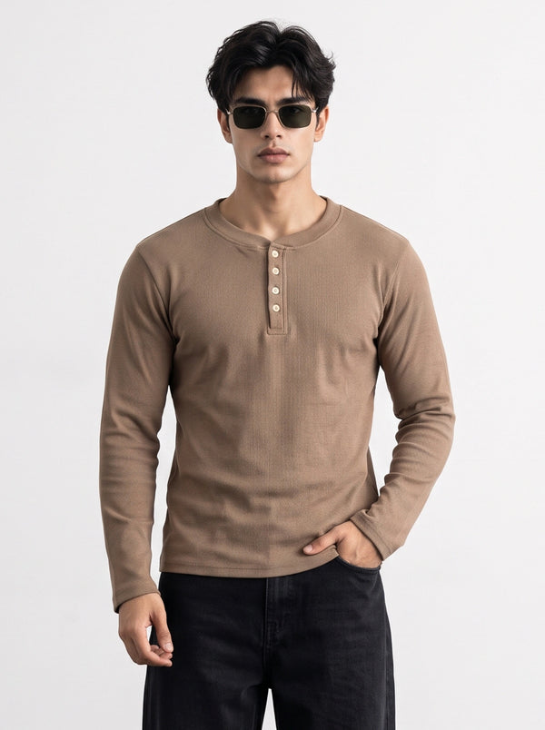 Brown Ribbed Henley Top