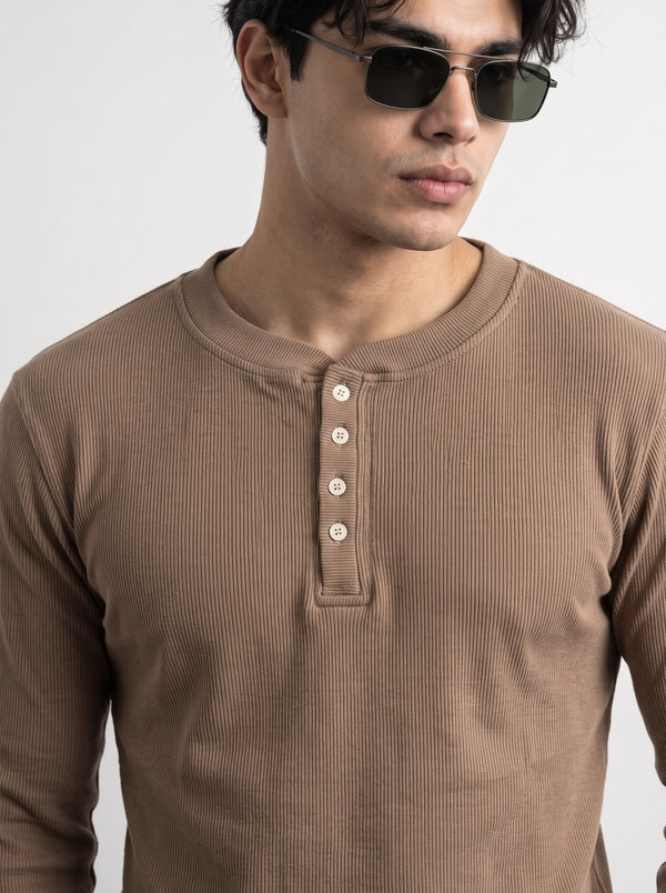 Brown Ribbed Henley Top