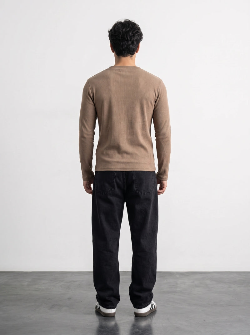Brown Ribbed Henley Top