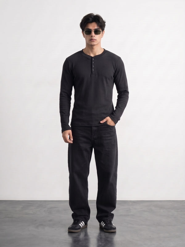 Black Ribbed Henley Top