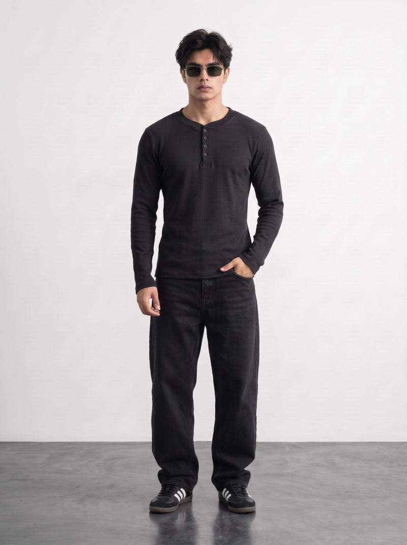 Black Ribbed Henley Top