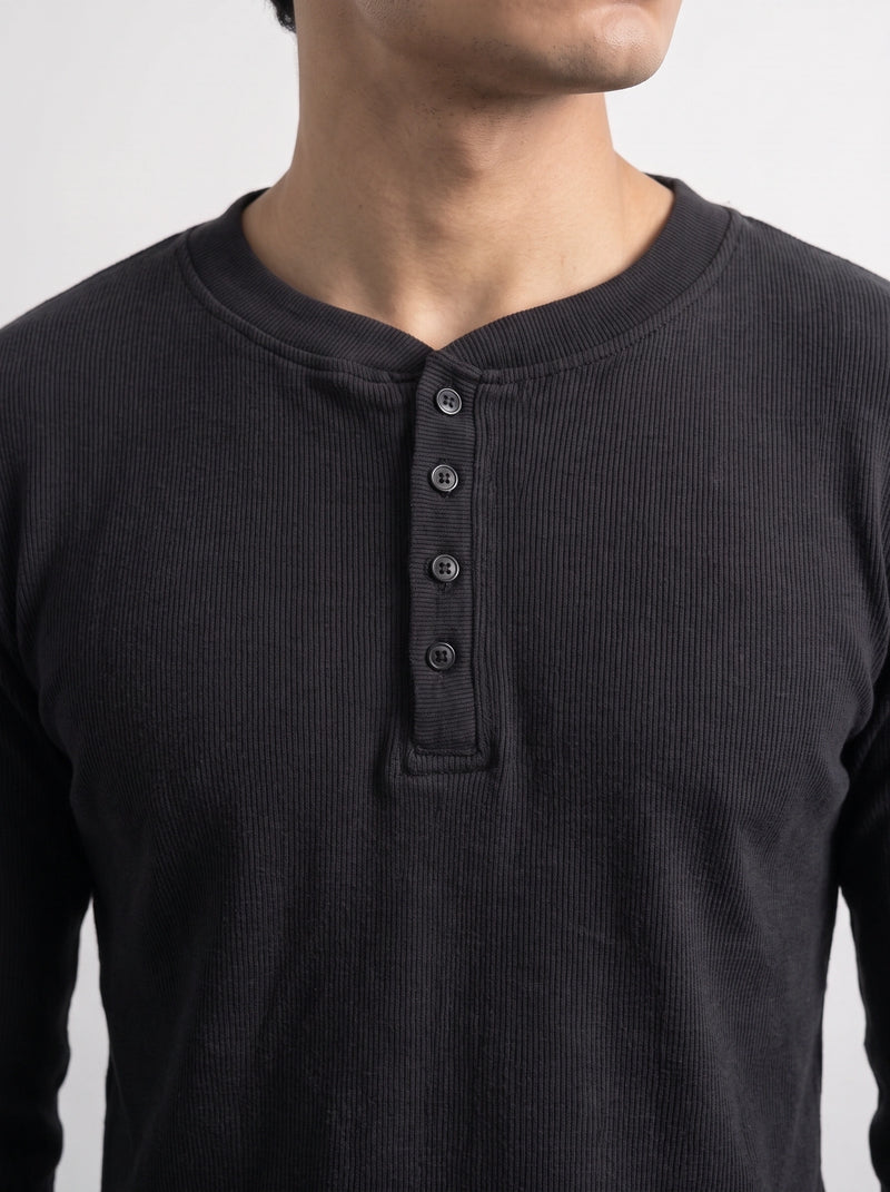 Black Ribbed Henley Top