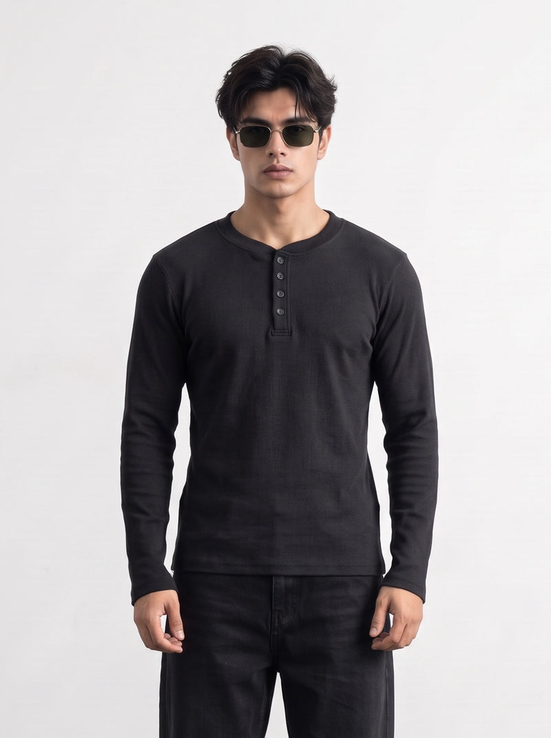 Black Ribbed Henley Top