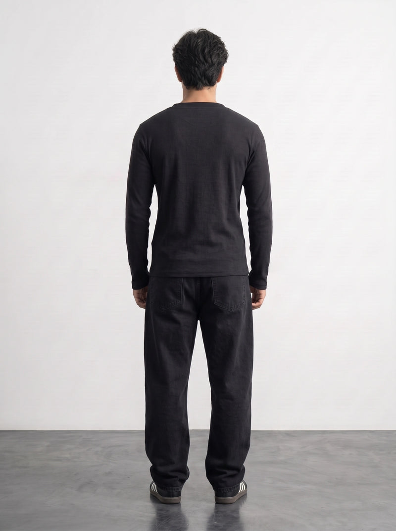 Black Ribbed Henley Top