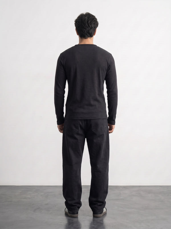Black Ribbed Henley Top