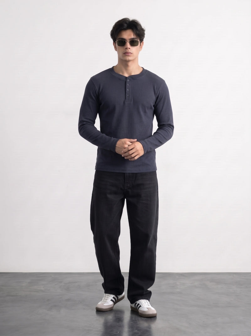 Navy Blue Ribbed Henley Top
