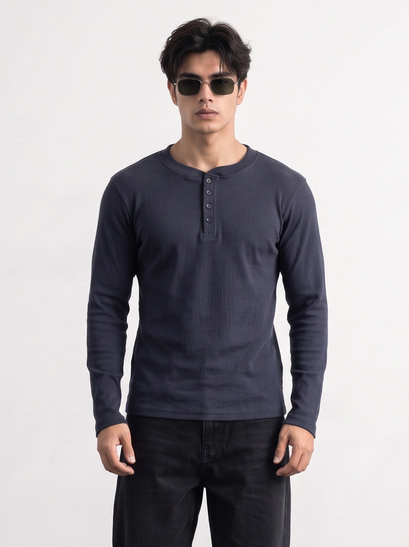 Navy Blue Ribbed Henley Top