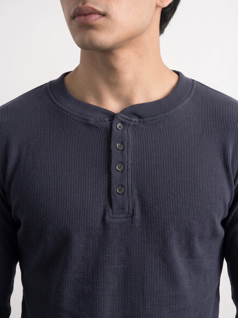 Navy Blue Ribbed Henley Top