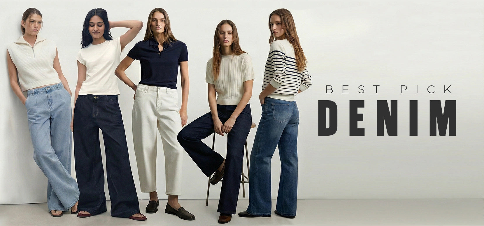 Women modeling wide-leg jeans in various washes and casual tops, denim sale banner.