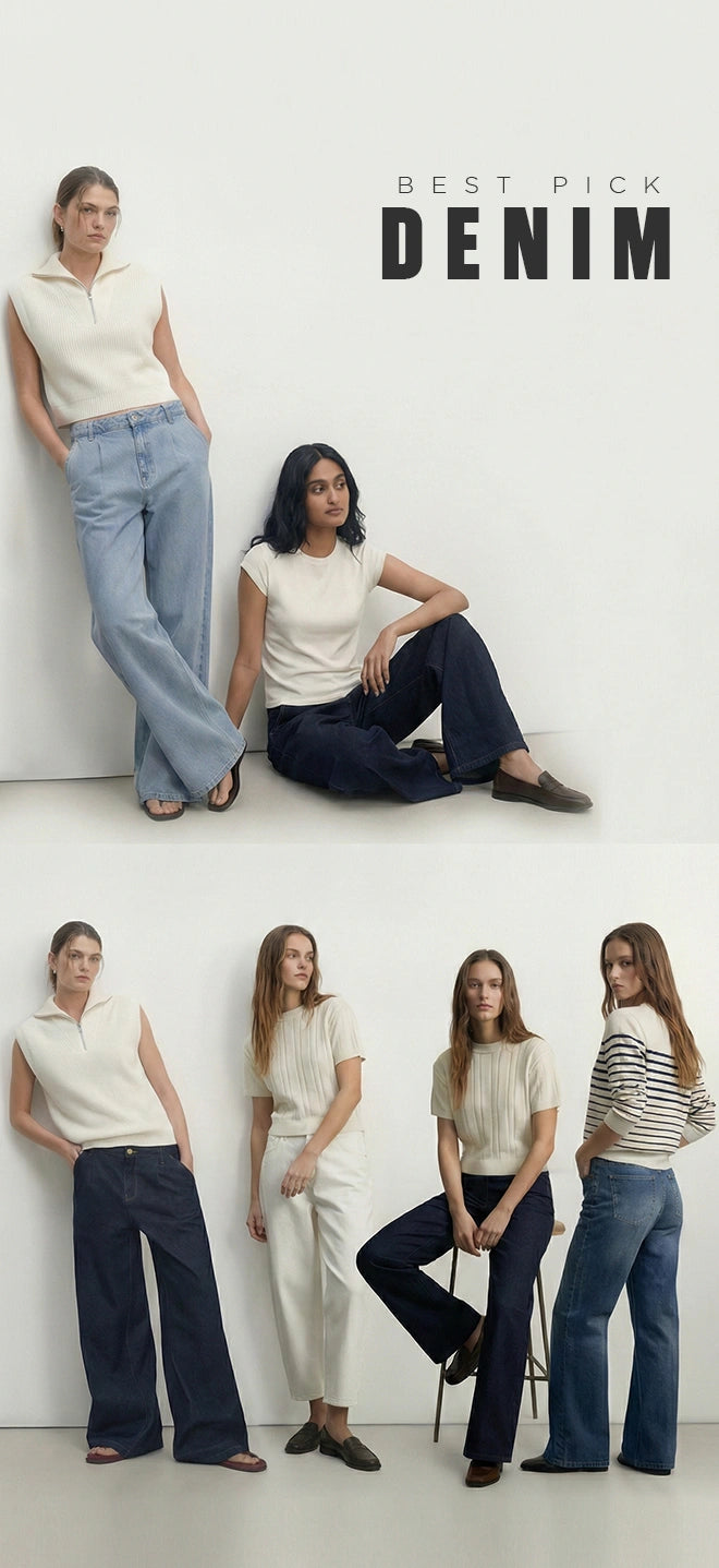 Women wearing wide-leg jeans and casual tops, showcasing trendy denim styles.