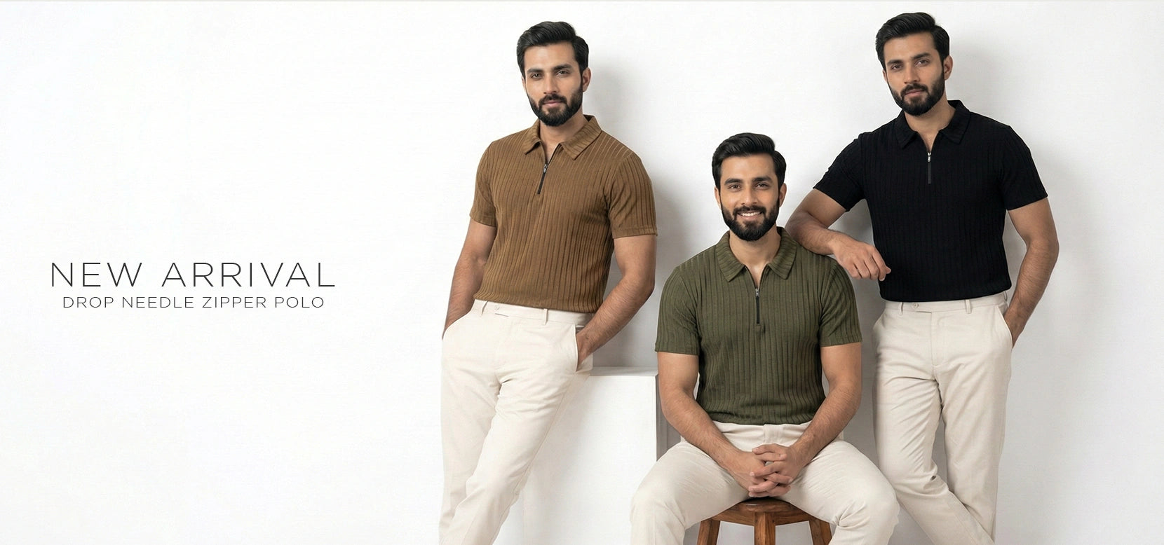 Three men modeling drop needle zipper polo shirts in brown, green, and black with cream pants