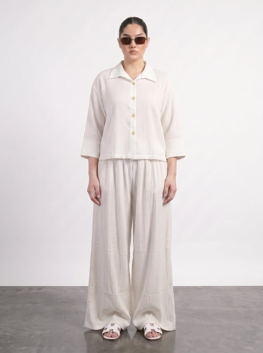 White Crushed Wide Leg Trousers
