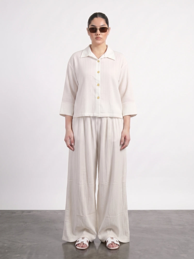 White Crushed Wide Leg Trousers