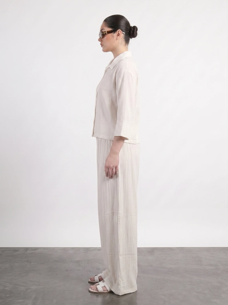 White Crushed Wide Leg Trousers | Montivo Pakistan