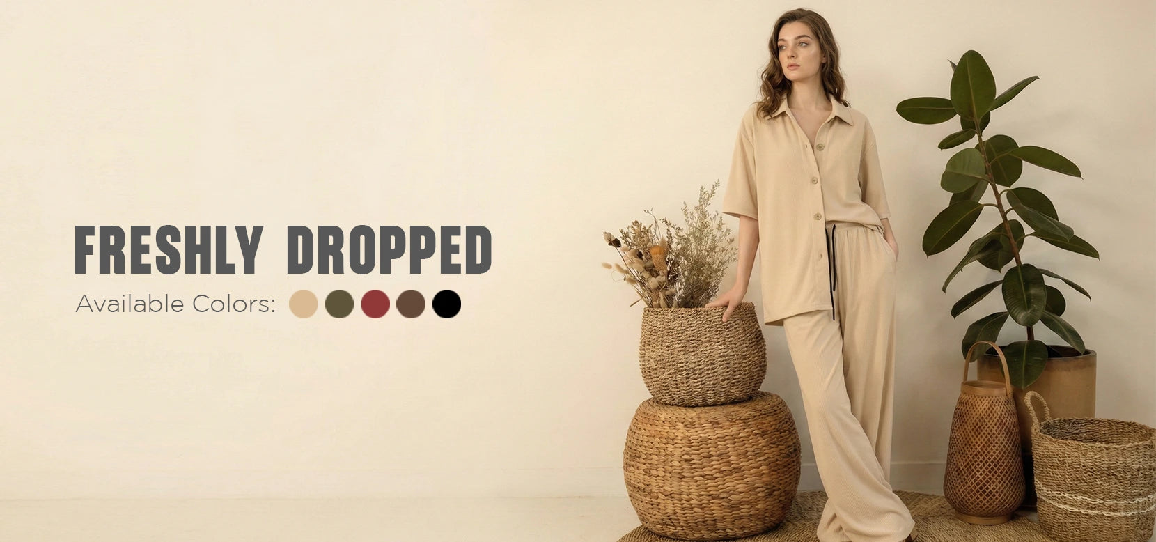 Woman wearing beige co-ord set in minimalist room with woven decor, available in multiple colors.