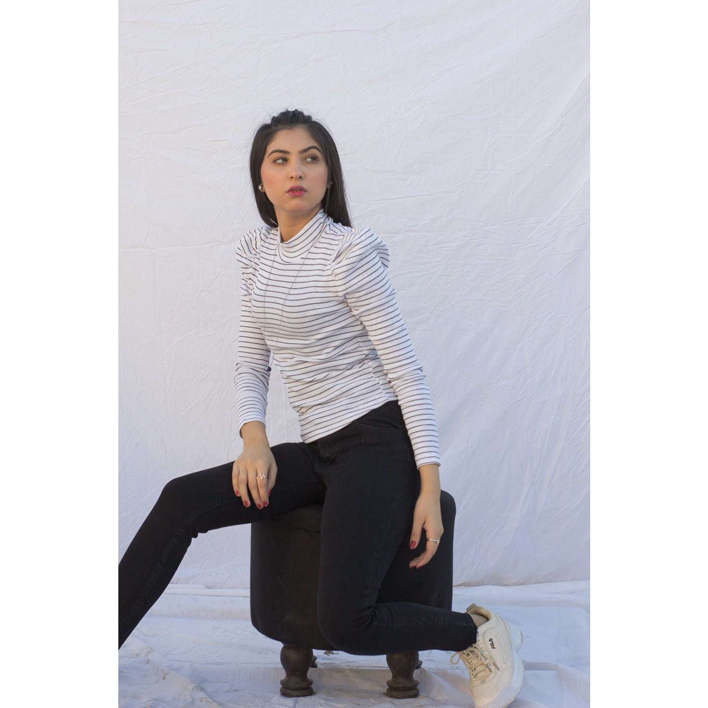 White Stripes Puff Shoulder Turtleneck Top | Montivo Pakistan