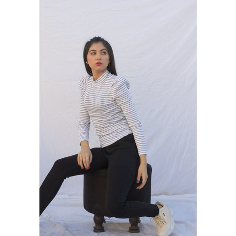 White Stripes Puff Shoulder Turtleneck Top | Montivo Pakistan