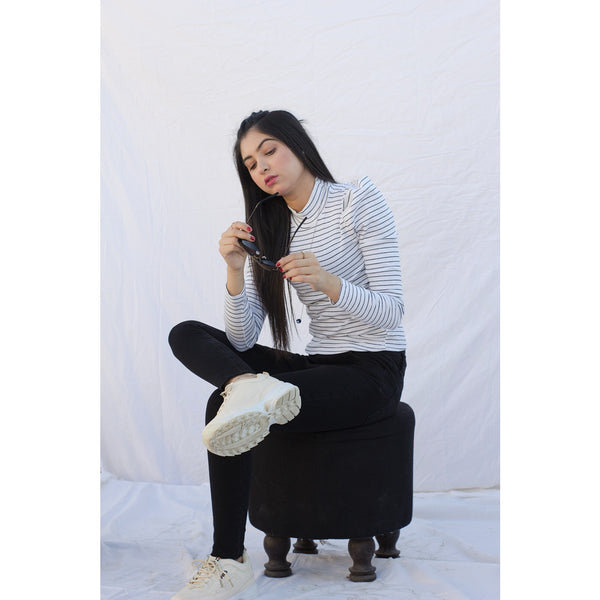 White Stripes Puff Shoulder Turtleneck Top | Montivo Pakistan