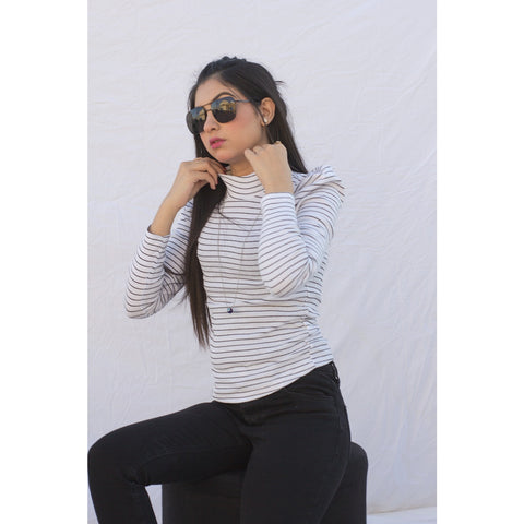 White Stripes Puff Shoulder Turtleneck Top | Montivo Pakistan