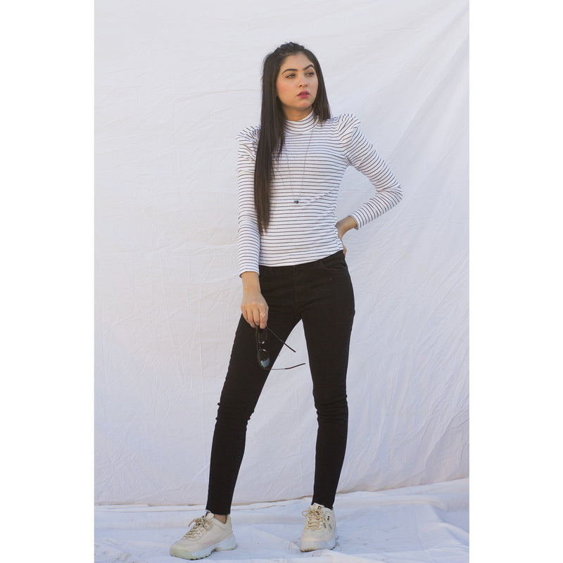 White Stripes Puff Shoulder Turtleneck Top | Montivo Pakistan