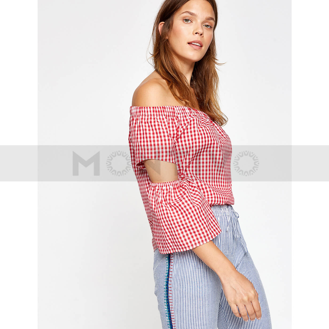Red Off-Shoulder Check Top | Montivo Pakistan