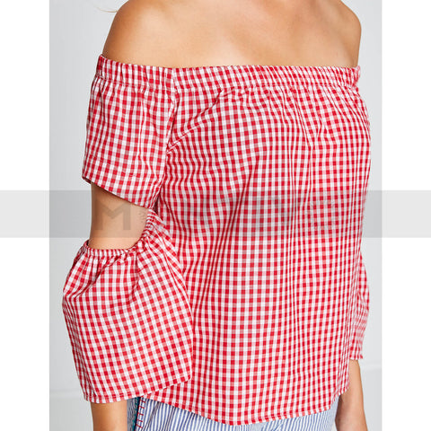 Red Off-Shoulder Check Top | Montivo Pakistan
