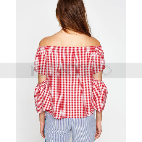 Red Off-Shoulder Check Top | Montivo Pakistan