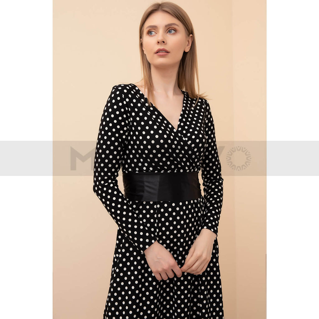 Black Polka Dot Belted Dress | Montivo Pakistan