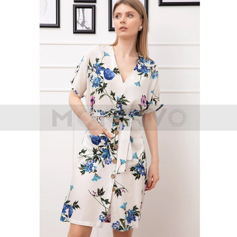 V Neck White Floral Button Down Dress | Montivo Pakistan