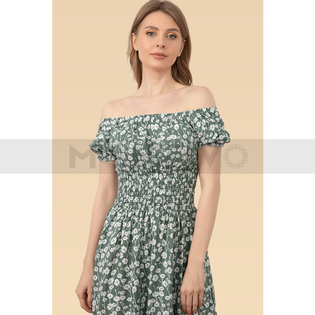 Mint Floral Patterned Off Shoulder Dress | Montivo Pakistan