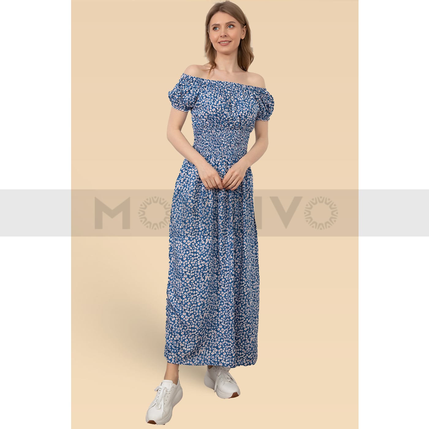 Blue Floral Patterned Off Shoulder Dress | Montivo Pakistan