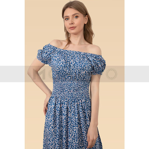 Blue Floral Patterned Off Shoulder Dress | Montivo Pakistan