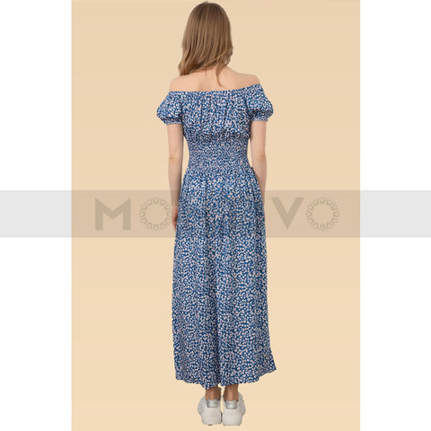 Blue Floral Patterned Off Shoulder Dress | Montivo Pakistan