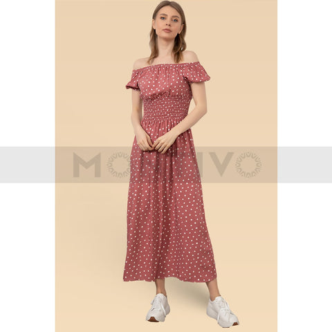 Pink Floral Patterned Off Shoulder Dress | Montivo Pakistan