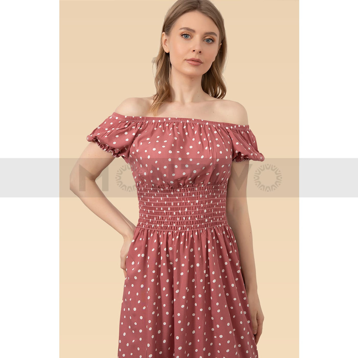 Pink Floral Patterned Off Shoulder Dress | Montivo Pakistan