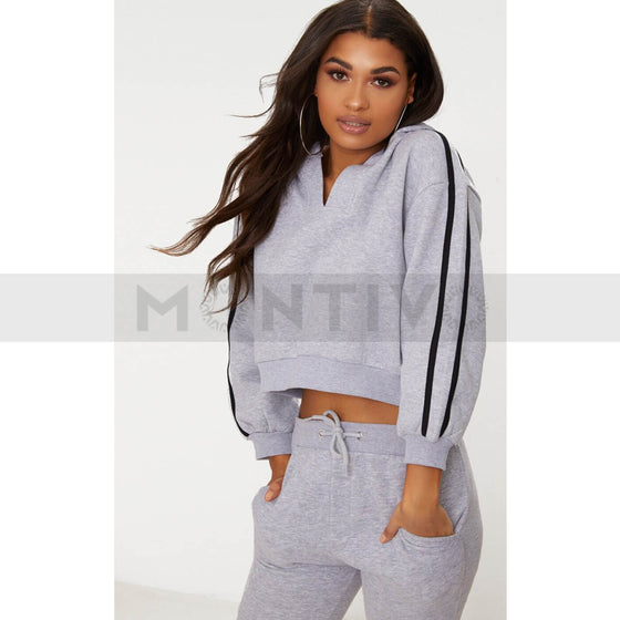Grey Marl Crop Sport Stripe Hoodie | Montivo Pakistan