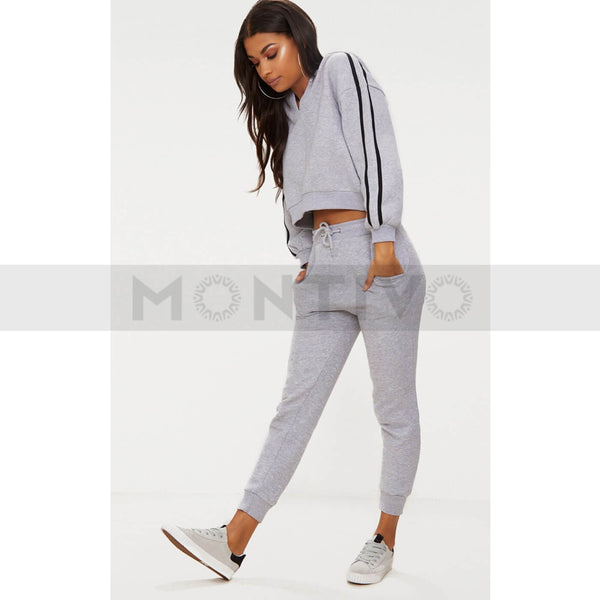 Grey Marl Crop Sport Stripe Hoodie | Montivo Pakistan