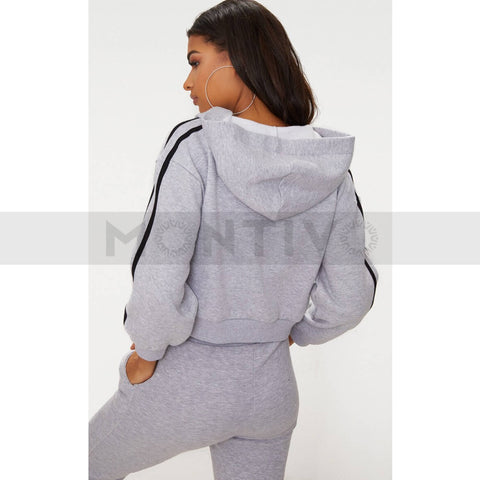 Grey Marl Crop Sport Stripe Hoodie | Montivo Pakistan