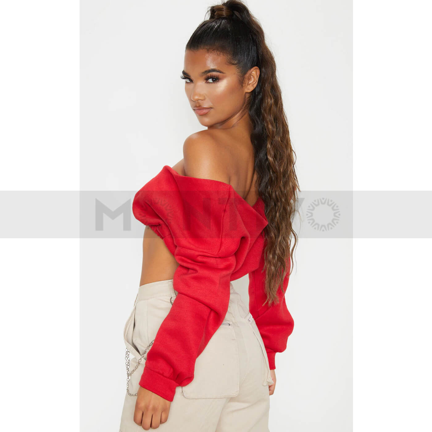 PTL Red Crop Off Shoulder Sweatshirt | Montivo Pakistan