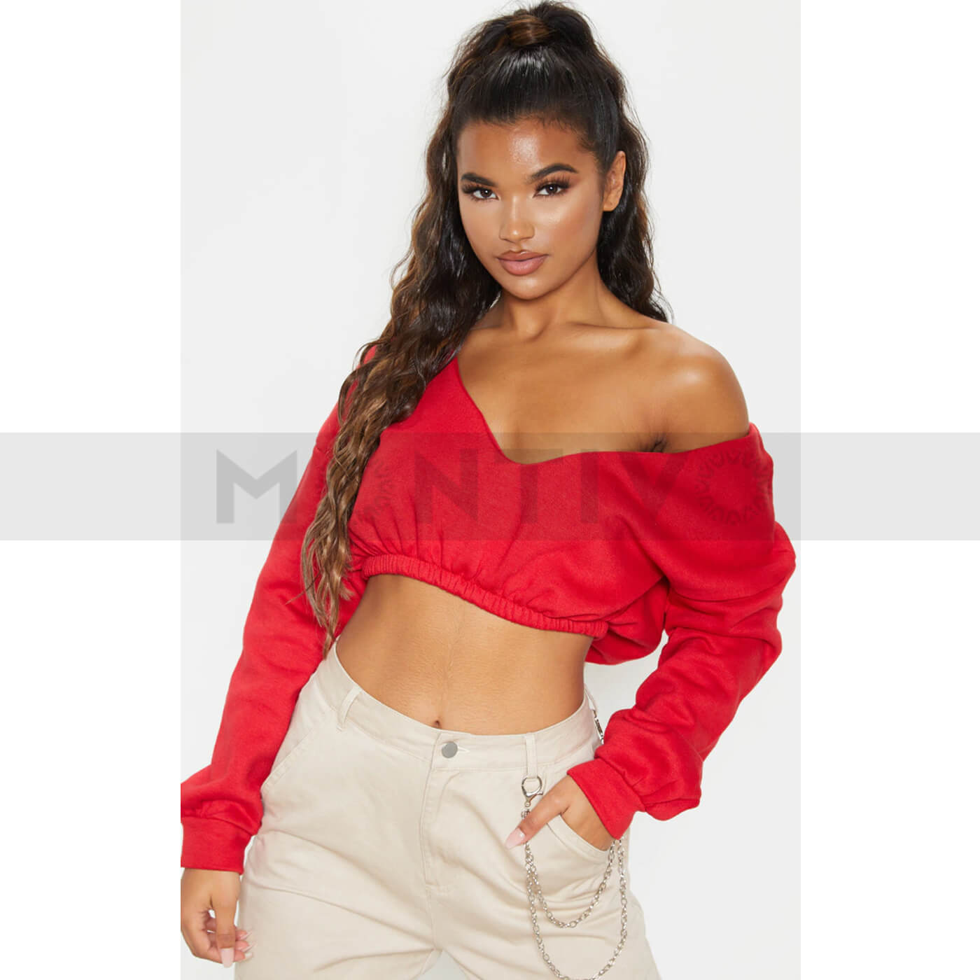 PTL Red Crop Off Shoulder Sweatshirt | Montivo Pakistan