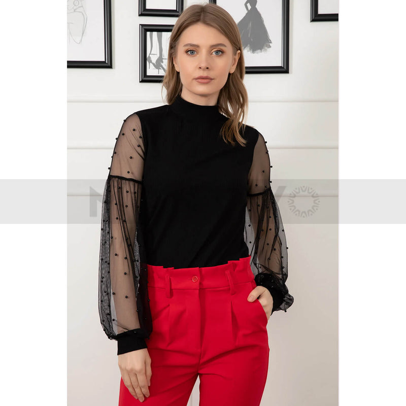 Sleeve Tulle Detailed Stone Blouse | Montivo Pakistan