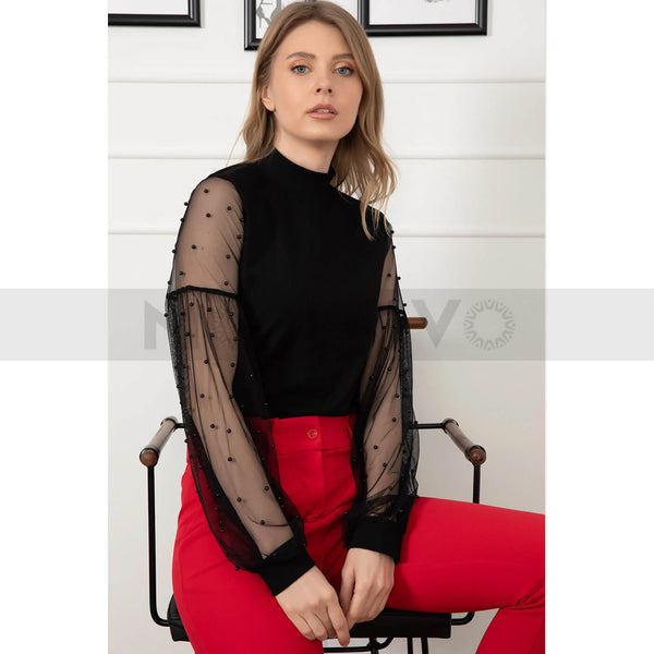 Sleeve Tulle Detailed Stone Blouse | Montivo Pakistan