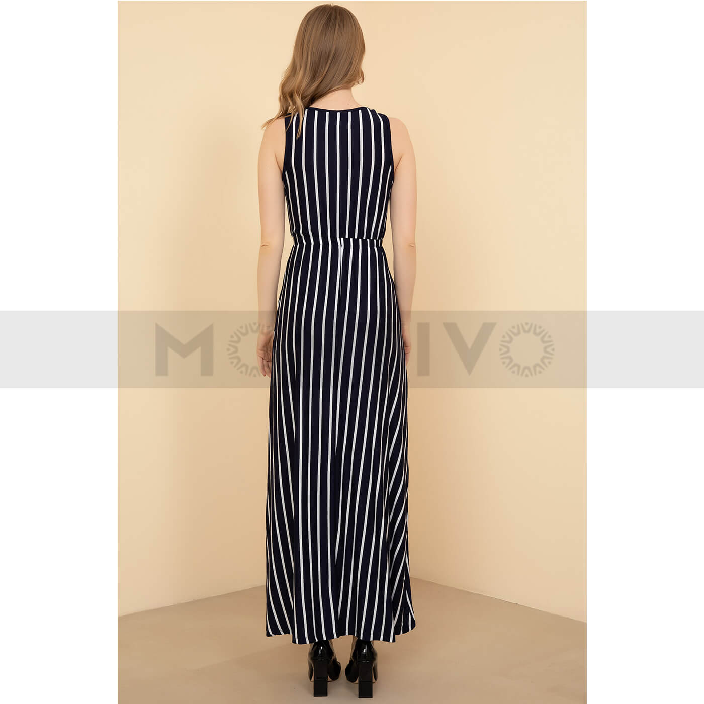 Navy Blue Waist Elastic Striped Dress | Montivo Pakistan