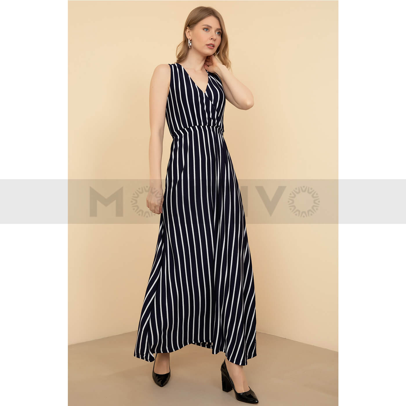 Navy Blue Waist Elastic Striped Dress | Montivo Pakistan